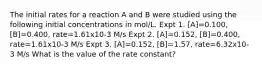 The initial rates for a reaction A and B were studied using the following initial concentrations in mol/L. Expt 1. [A]=0.100, [B]=0.400, rate=1.61x10-3 M/s Expt 2. [A]=0.152, [B]=0.400, rate=1.61x10-3 M/s Expt 3. [A]=0.152, [B]=1.57, rate=6.32x10-3 M/s What is the value of the rate constant?