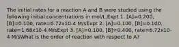 The initial rates for a reaction A and B were studied using the following initial concentrations in mol/L.Expt 1. [A]=0.200, [B]=0.100, rate=6.72x10-4 M/sExpt 2. [A]=0.100, [B]=0.100, rate=1.68x10-4 M/sExpt 3. [A]=0.100, [B]=0.400, rate=6.72x10-4 M/sWhat is the order of reaction with respect to A?