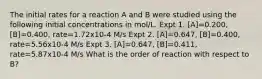 The initial rates for a reaction A and B were studied using the following initial concentrations in mol/L. Expt 1. [A]=0.200, [B]=0.400, rate=1.72x10-4 M/s Expt 2. [A]=0.647, [B]=0.400, rate=5.56x10-4 M/s Expt 3. [A]=0.647, [B]=0.411, rate=5.87x10-4 M/s What is the order of reaction with respect to B?