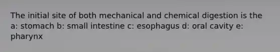 The initial site of both mechanical and chemical digestion is the a: stomach b: small intestine c: esophagus d: oral cavity e: pharynx