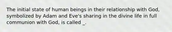 The initial state of human beings in their relationship with God, symbolized by Adam and Eve's sharing in the divine life in full communion with God, is called _.