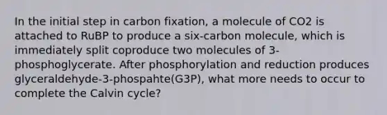 In the initial step in carbon fixation, a molecule of CO2 is attached to RuBP to produce a six-carbon molecule, which is immediately split coproduce two molecules of 3-phosphoglycerate. After phosphorylation and reduction produces glyceraldehyde-3-phospahte(G3P), what more needs to occur to complete the Calvin cycle?