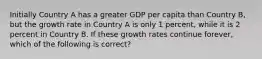 Initially Country A has a greater GDP per capita than Country​ B, but the growth rate in Country A is only 1​ percent, while it is 2 percent in Country B. If these growth rates continue​ forever, which of the following is​ correct?