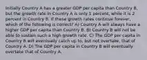 Initially Country A has a greater GDP per capita than Country B, but the growth rate in Country A is only 1 percent, while it is 2 percent in Country B. If these growth rates continue forever, which of the following is correct? A) Country A will always have a higher GDP per capita than Country B. B) Country B will not be able to sustain such a high growth rate. C) The GDP per capita in Country B will eventually catch up to, but not overtake, that of Country A. D) The GDP per capita in Country B will eventually overtake that of Country A.