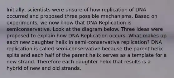 Initially, scientists were unsure of how replication of DNA occurred and proposed three possible mechanisms. Based on experiments, we now know that DNA Replication is semiconservative. Look at the diagram below. Three ideas were proposed to explain how DNA Replication occurs. What makes up each new daughter helix in semi-conservative replication? DNA replication is called semi-conservative because the parent helix splits and each half of the parent helix serves as a template for a new strand. Therefore each daughter helix that results is a hybrid of new and old strands.