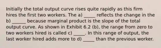 Initially the total output curve rises quite rapidly as this firm hires the first two workers. The a) _____ reflects the change in the b) ______ because marginal product is the slope of the total output curve. As shown in Exhibit 6.2 (b), the range from zero to two workers hired is called c) _____. In this range of output, the last worker hired adds more to d) _____ than the previous worker.