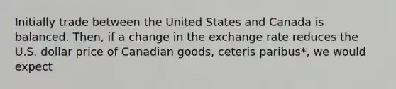 Initially trade between the United States and Canada is balanced. Then, if a change in the exchange rate reduces the U.S. dollar price of Canadian goods, ceteris paribus*, we would expect