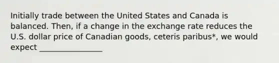 Initially trade between the United States and Canada is balanced. Then, if a change in the exchange rate reduces the U.S. dollar price of Canadian goods, ceteris paribus*, we would expect ________________