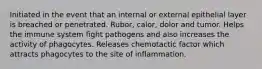 Initiated in the event that an internal or external epithelial layer is breached or penetrated. Rubor, calor, dolor and tumor. Helps the immune system fight pathogens and also increases the activity of phagocytes. Releases chemotactic factor which attracts phagocytes to the site of inflammation.