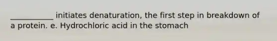 ___________ initiates denaturation, the first step in breakdown of a protein. e. Hydrochloric acid in the stomach