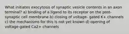 What initiates exocytosis of synaptic vesicle contents in an axon terminal? a) binding of a ligand to its receptor on the post-synaptic cell membrane b) closing of voltage- gated K+ channels c) the mechanisms for this is not yet known d) opening of voltage-gated Ca2+ channels