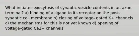 What initiates exocytosis of synaptic vesicle contents in an axon terminal? a) binding of a ligand to its receptor on the post-synaptic cell membrane b) closing of voltage- gated K+ channels c) the mechanisms for this is not yet known d) opening of voltage-gated Ca2+ channels