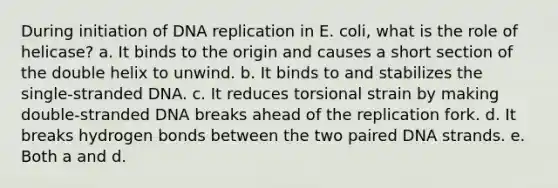 During initiation of DNA replication in E. coli, what is the role of helicase? a. It binds to the origin and causes a short section of the double helix to unwind. b. It binds to and stabilizes the single-stranded DNA. c. It reduces torsional strain by making double-stranded DNA breaks ahead of the replication fork. d. It breaks hydrogen bonds between the two paired DNA strands. e. Both a and d.