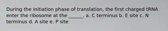 During the initiation phase of translation, the first charged tRNA enter the ribosome at the ______. a. C terminus b. E site c. N terminus d. A site e. P site