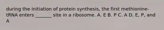 during the initiation of protein synthesis, the first methionine-tRNA enters _______ site in a ribosome. A. E B. P C. A D. E, P, and A