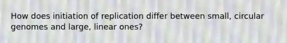 How does initiation of replication differ between small, circular genomes and large, linear ones?