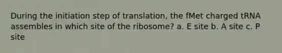 During the initiation step of translation, the fMet charged tRNA assembles in which site of the ribosome? a. E site b. A site c. P site