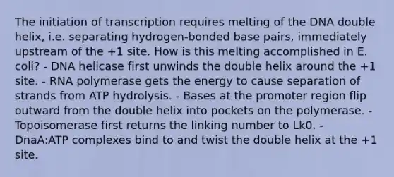 The initiation of transcription requires melting of the DNA double helix, i.e. separating hydrogen-bonded base pairs, immediately upstream of the +1 site. How is this melting accomplished in E. coli? - DNA helicase first unwinds the double helix around the +1 site. - RNA polymerase gets the energy to cause separation of strands from ATP hydrolysis. - Bases at the promoter region flip outward from the double helix into pockets on the polymerase. - Topoisomerase first returns the linking number to Lk0. - DnaA:ATP complexes bind to and twist the double helix at the +1 site.