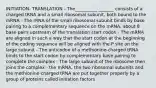 INITIATION- TRANSLATION - The__________ _______ consists of a charged tRNA and a small ribosomal subunit, both bound to the mRNA - The rRNA of the small ribosomal subunit binds by base pairing to a complementary sequence on the mRNA, about 8 base pairs upstream of the translation start codon - The mRNA are aligned in such a way that the start codon at the beginning of the coding sequence will be aligned with the P site on the large subunit - The anticodon of a methionine-charged tRNA binds to the start codon by complementary base pairing to complete the complex - The large subunit of the ribosome then joins the complex - the mRNA, the two ribosomal subunits and the methionine-charged tRNA are put together properly by a group of proteins called initiation factors