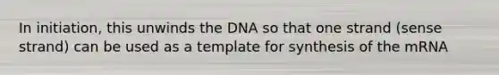 In initiation, this unwinds the DNA so that one strand (sense strand) can be used as a template for synthesis of the mRNA