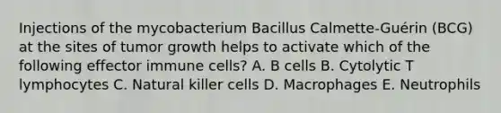 Injections of the mycobacterium Bacillus Calmette-Guérin (BCG) at the sites of tumor growth helps to activate which of the following effector immune cells? A. B cells B. Cytolytic T lymphocytes C. Natural killer cells D. Macrophages E. Neutrophils