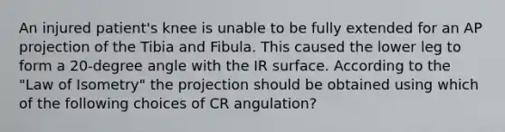 An injured patient's knee is unable to be fully extended for an AP projection of the Tibia and Fibula. This caused the lower leg to form a 20-degree angle with the IR surface. According to the "Law of Isometry" the projection should be obtained using which of the following choices of CR angulation?