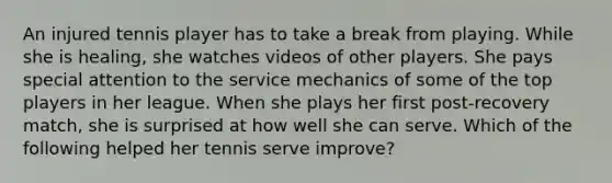 An injured tennis player has to take a break from playing. While she is healing, she watches videos of other players. She pays special attention to the service mechanics of some of the top players in her league. When she plays her first post-recovery match, she is surprised at how well she can serve. Which of the following helped her tennis serve improve?