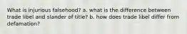 What is injurious falsehood? a. what is the difference between trade libel and slander of title? b. how does trade libel differ from defamation?