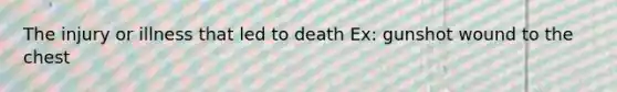 The injury or illness that led to death Ex: gunshot wound to the chest