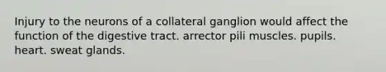 Injury to the neurons of a collateral ganglion would affect the function of the digestive tract. arrector pili muscles. pupils. heart. sweat glands.