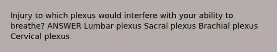 Injury to which plexus would interfere with your ability to breathe? ANSWER Lumbar plexus Sacral plexus Brachial plexus Cervical plexus