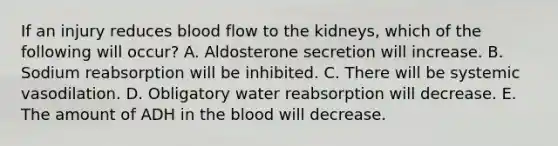 If an injury reduces blood flow to the kidneys, which of the following will occur? A. Aldosterone secretion will increase. B. Sodium reabsorption will be inhibited. C. There will be systemic vasodilation. D. Obligatory water reabsorption will decrease. E. The amount of ADH in <a href='https://www.questionai.com/knowledge/k7oXMfj7lk-the-blood' class='anchor-knowledge'>the blood</a> will decrease.