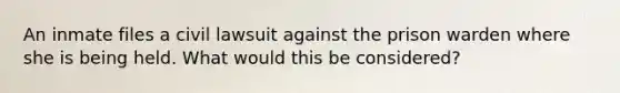 An inmate files a civil lawsuit against the prison warden where she is being held. What would this be considered?