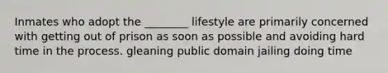 Inmates who adopt the ________ lifestyle are primarily concerned with getting out of prison as soon as possible and avoiding hard time in the process. gleaning public domain jailing doing time