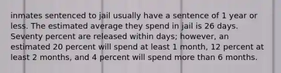 inmates sentenced to jail usually have a sentence of 1 year or less. The estimated average they spend in jail is 26 days. Seventy percent are released within days; however, an estimated 20 percent will spend at least 1 month, 12 percent at least 2 months, and 4 percent will spend more than 6 months.