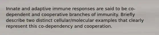 Innate and adaptive immune responses are said to be co-dependent and cooperative branches of immunity. Briefly describe two distinct cellular/molecular examples that clearly represent this co-dependency and cooperation.