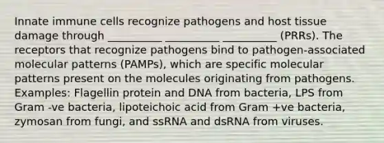 Innate immune cells recognize pathogens and host tissue damage through __________ __________ __________ (PRRs). The receptors that recognize pathogens bind to pathogen-associated molecular patterns (PAMPs), which are specific molecular patterns present on the molecules originating from pathogens. Examples: Flagellin protein and DNA from bacteria, LPS from Gram -ve bacteria, lipoteichoic acid from Gram +ve bacteria, zymosan from fungi, and ssRNA and dsRNA from viruses.