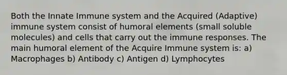 Both the Innate Immune system and the Acquired (Adaptive) immune system consist of humoral elements (small soluble molecules) and cells that carry out the immune responses. The main humoral element of the Acquire Immune system is: a) Macrophages b) Antibody c) Antigen d) Lymphocytes