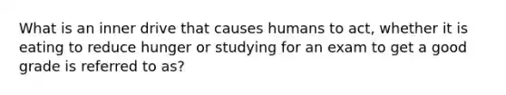 What is an inner drive that causes humans to act, whether it is eating to reduce hunger or studying for an exam to get a good grade is referred to as?