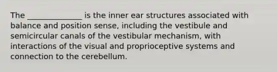 The ______________ is the inner ear structures associated with balance and position sense, including the vestibule and semicircular canals of the vestibular mechanism, with interactions of the visual and proprioceptive systems and connection to the cerebellum.