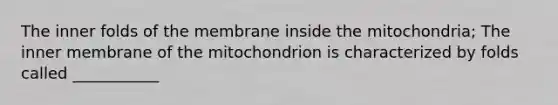 The inner folds of the membrane inside the mitochondria; The inner membrane of the mitochondrion is characterized by folds called ___________