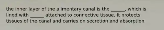 the inner layer of the alimentary canal is the ______, which is lined with ______ attached to connective tissue. It protects tissues of the canal and carries on secretion and absorption