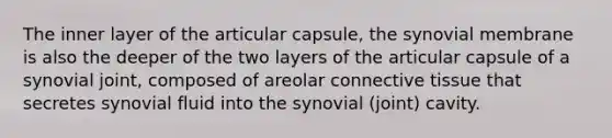 The inner layer of the articular capsule, the synovial membrane is also the deeper of the two layers of the articular capsule of a synovial joint, composed of areolar <a href='https://www.questionai.com/knowledge/kYDr0DHyc8-connective-tissue' class='anchor-knowledge'>connective tissue</a> that secretes synovial fluid into the synovial (joint) cavity.