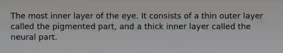 The most inner layer of the eye. It consists of a thin outer layer called the pigmented part, and a thick inner layer called the neural part.