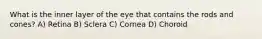 What is the inner layer of the eye that contains the rods and cones? A) Retina B) Sclera C) Cornea D) Choroid