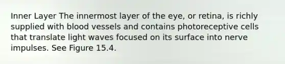 Inner Layer The innermost layer of the eye, or retina, is richly supplied with blood vessels and contains photoreceptive cells that translate light waves focused on its surface into nerve impulses. See Figure 15.4.