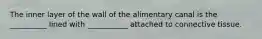 The inner layer of the wall of the alimentary canal is the __________ lined with ___________ attached to connective tissue.