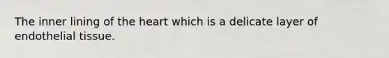 The inner lining of <a href='https://www.questionai.com/knowledge/kya8ocqc6o-the-heart' class='anchor-knowledge'>the heart</a> which is a delicate layer of endothelial tissue.