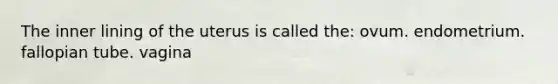 The inner lining of the uterus is called the: ovum. endometrium. fallopian tube. vagina