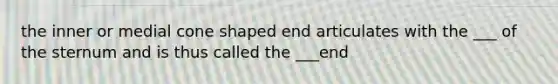 the inner or medial cone shaped end articulates with the ___ of the sternum and is thus called the ___end